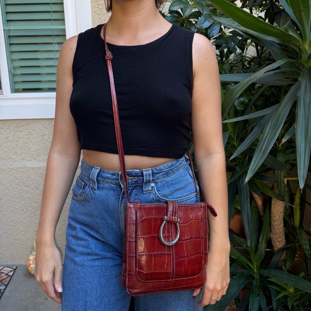 Vintage and Unique Burgundy/Silver Brighton Croc-Embossed Crossbody Leather Bag